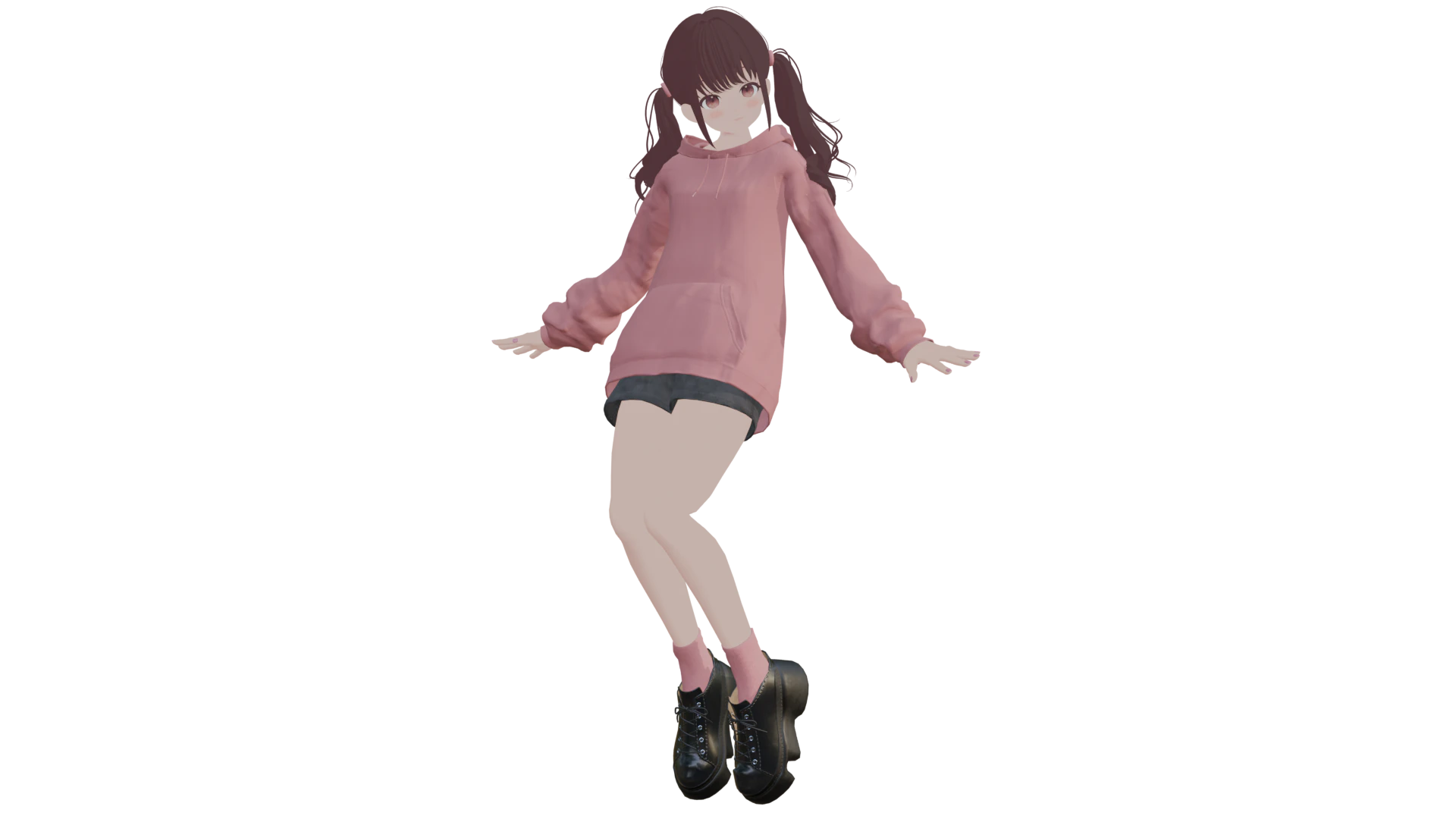 ピンクのパーカーと黒いショートパンツを着た、ツインテールのオリジナルキャラクターの全身3Dモデル